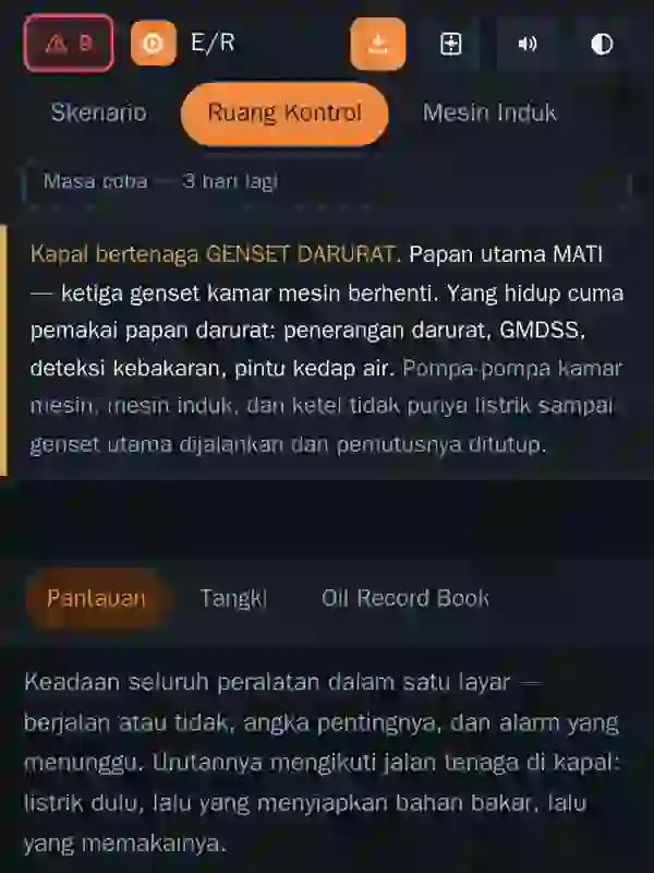 Tangkapan layar Kamar Mesin: papan keadaan kapal saat genset darurat menyala