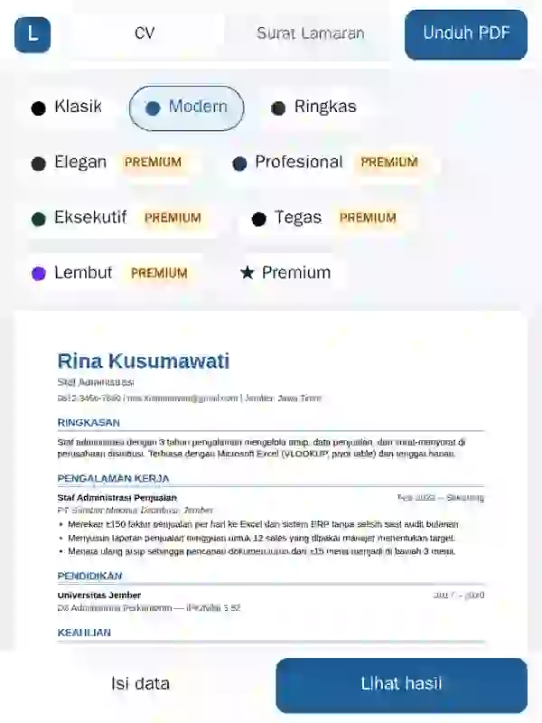 Tangkapan layar Lamarin: memilih gaya CV