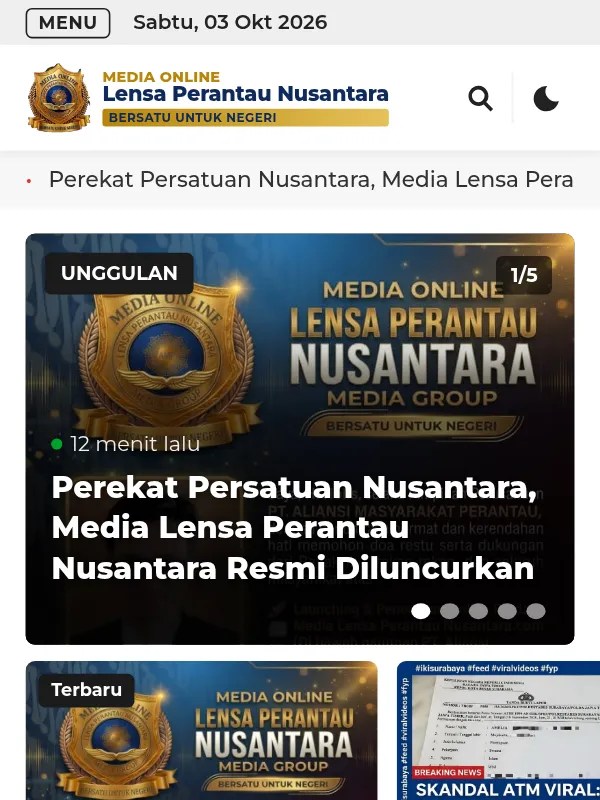 Tangkapan layar Lensa Perantau Nusantara: beranda portal berita dengan slider berita unggulan