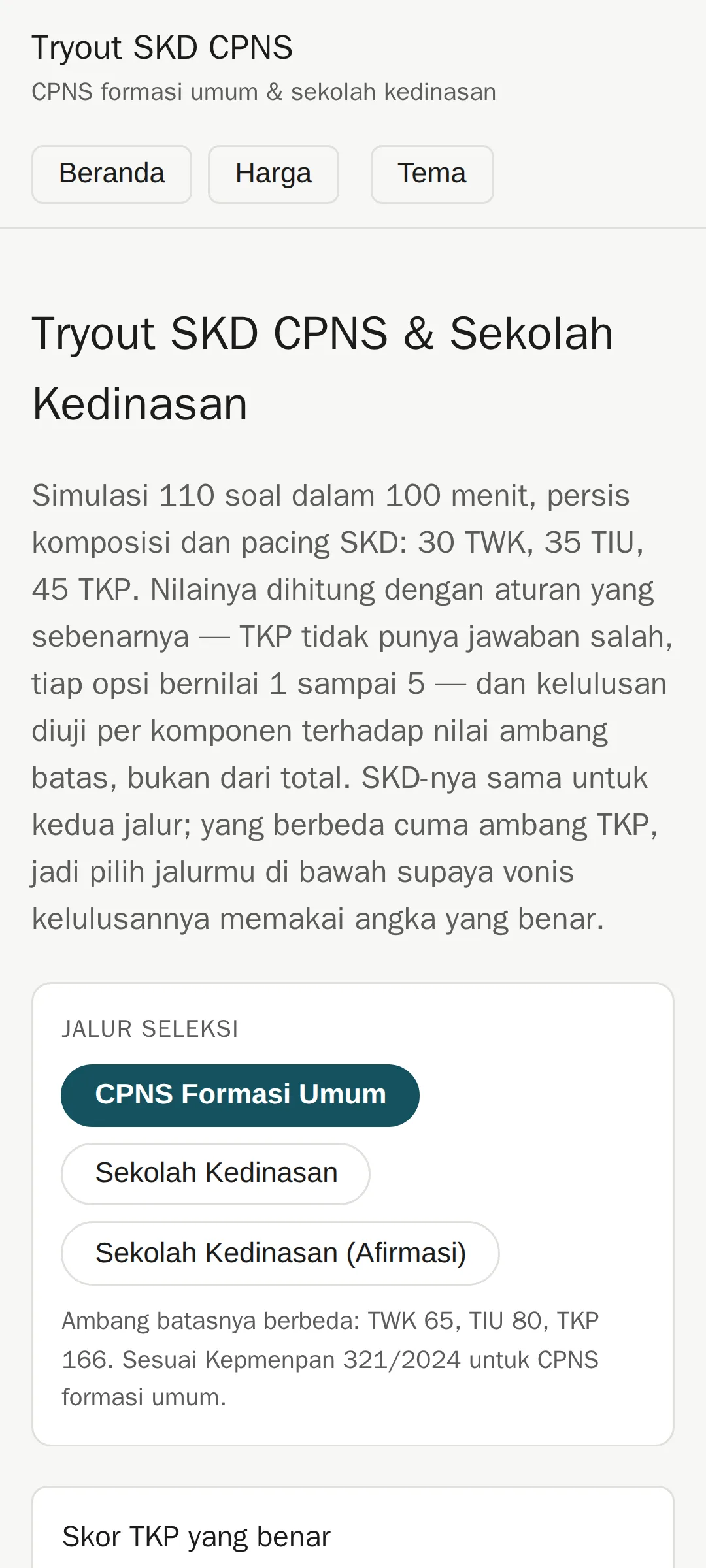 Tangkapan layar halaman Tryout SKD CPNS
