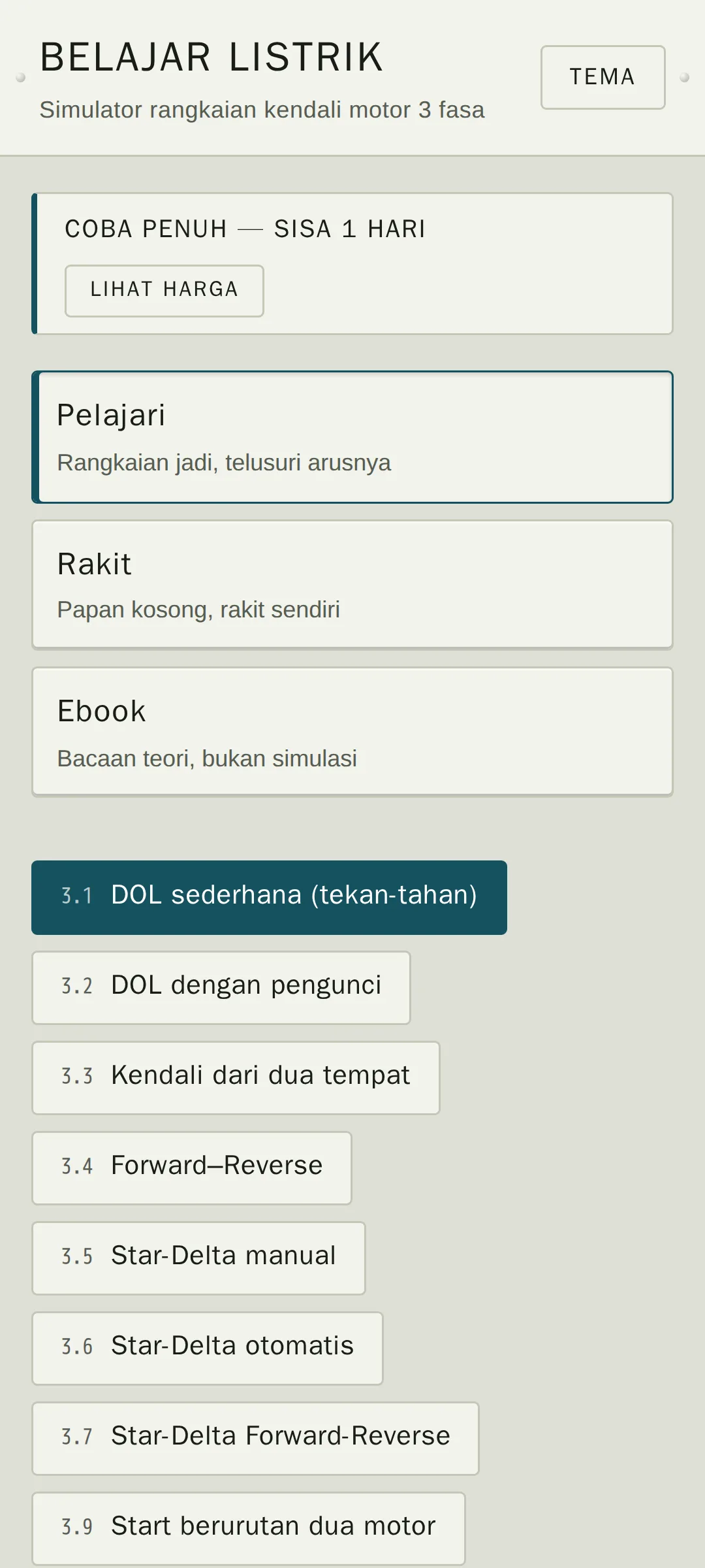 Tangkapan layar halaman Belajar Listrik